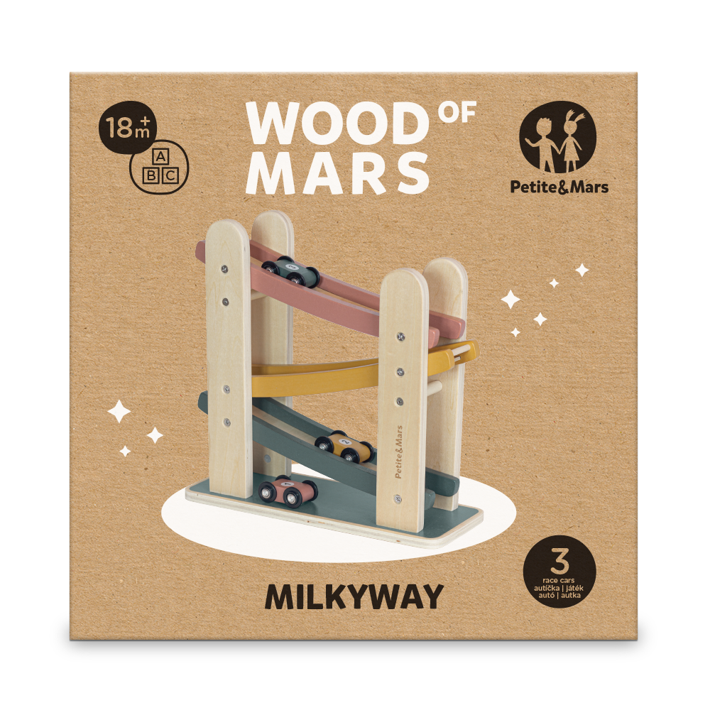 PETITE&MARS Hračka drevená pretekárska dráha Milky Way Wood of Mars 18m+ Aurora Pink