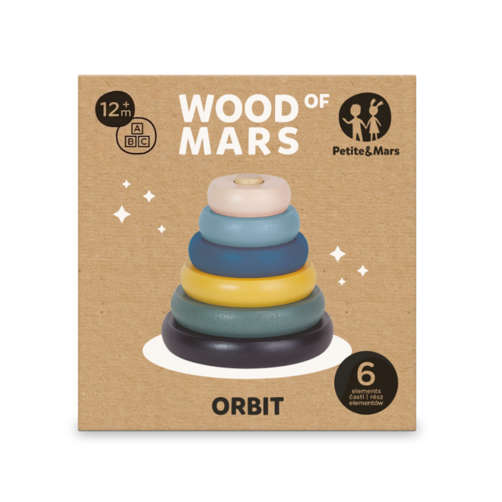 PETITE&MARS Hračka drevená skladacia Orbit Wood of Mars 12m+ Cosmic Blue