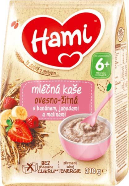 HAMI Mliečna kaša ovseno-ražná s banánom, jahodami a malinami 210 g, 6+,  V002258