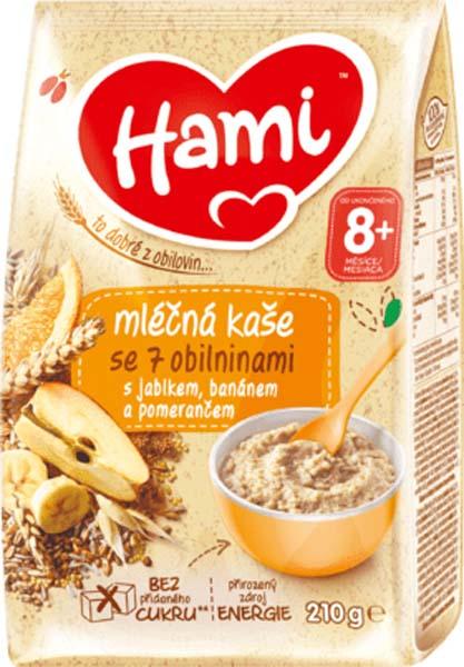 HAMI Mliečna kaša so 7 obilninami s jablkom, banánom a pomarančom 210 g, 8+,  V002260