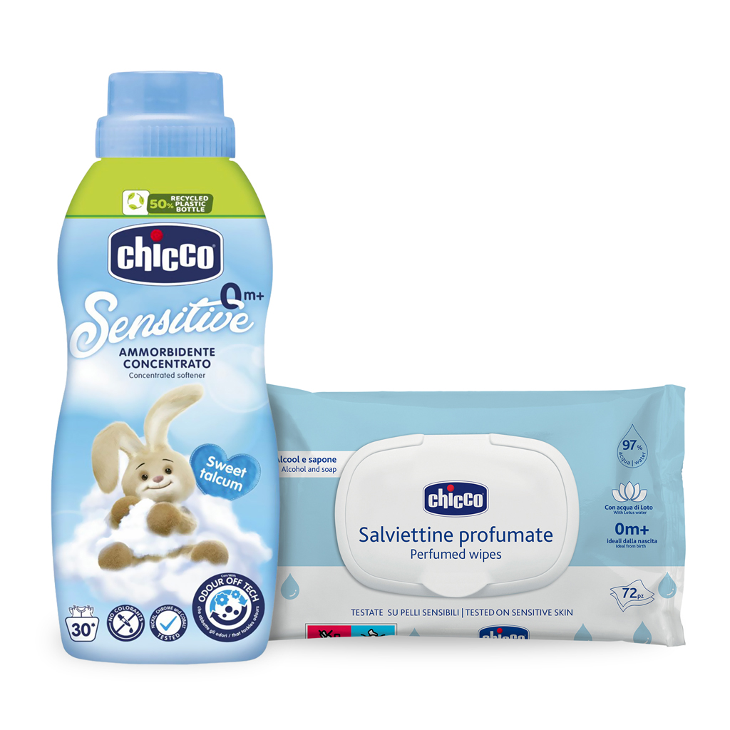CHICCO Aviváž koncentrovaná Baby Sensitive Sladký púder 750ml + vlhčené obrúsky 72 ks zadarmo