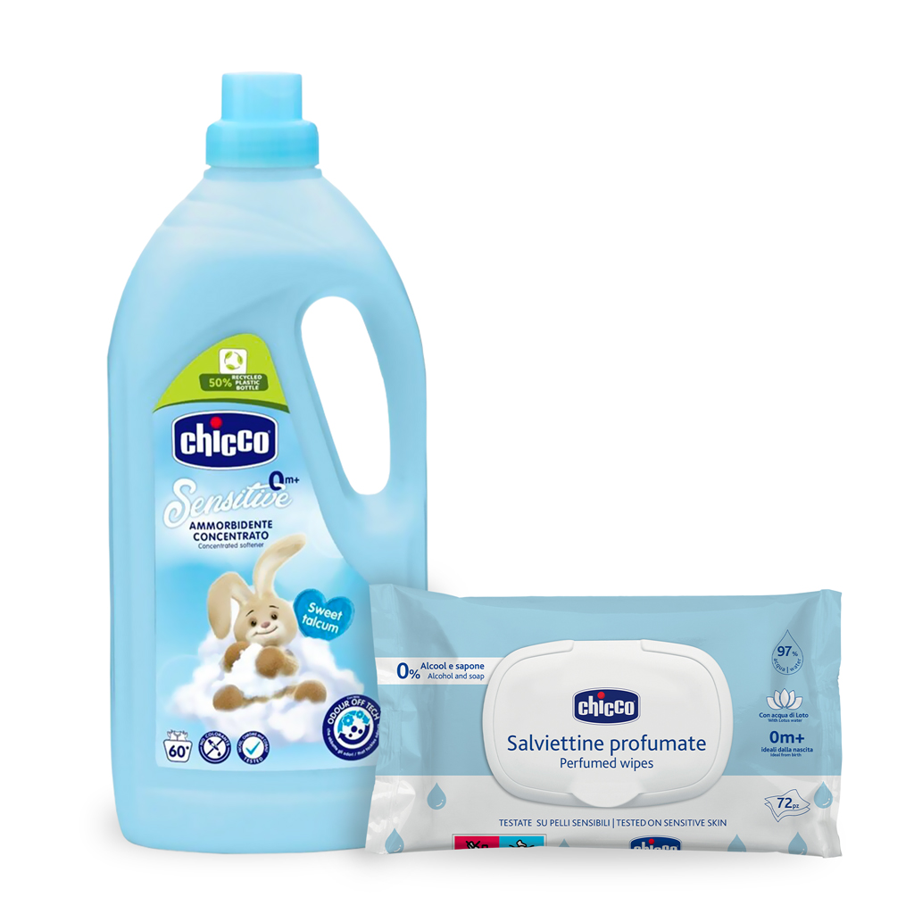 CHICCO Aviváž koncentrovaná Sladký Pudr 1,5 l, 60 praní + vlhčené ubrousky 72 ks zdarma