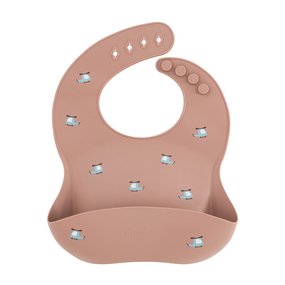 PETITE&MARS Podbradník silikónový Take&Match Blue Helicopters 6m+