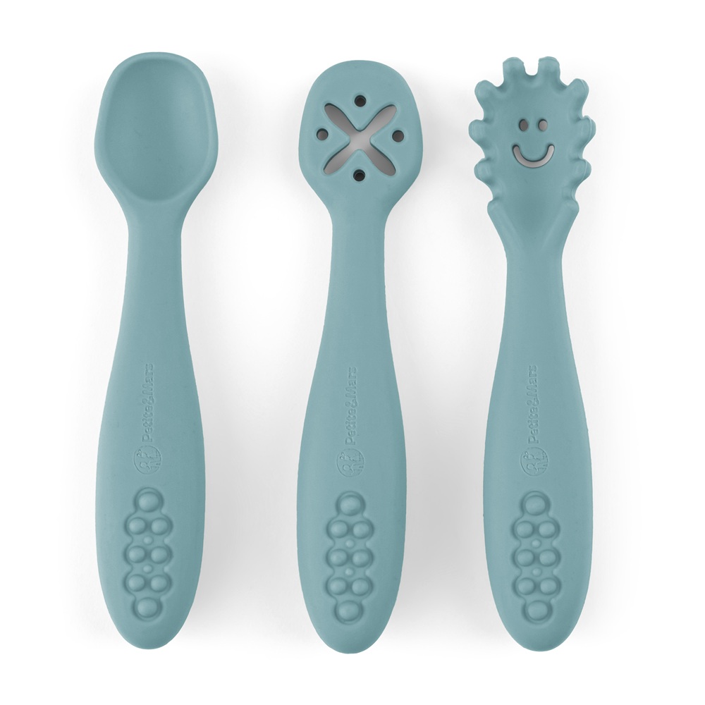 PETITE&MARS Set 3 ks silikónových tréningových lyžičiek Take&Match Frosted Sky 6m+