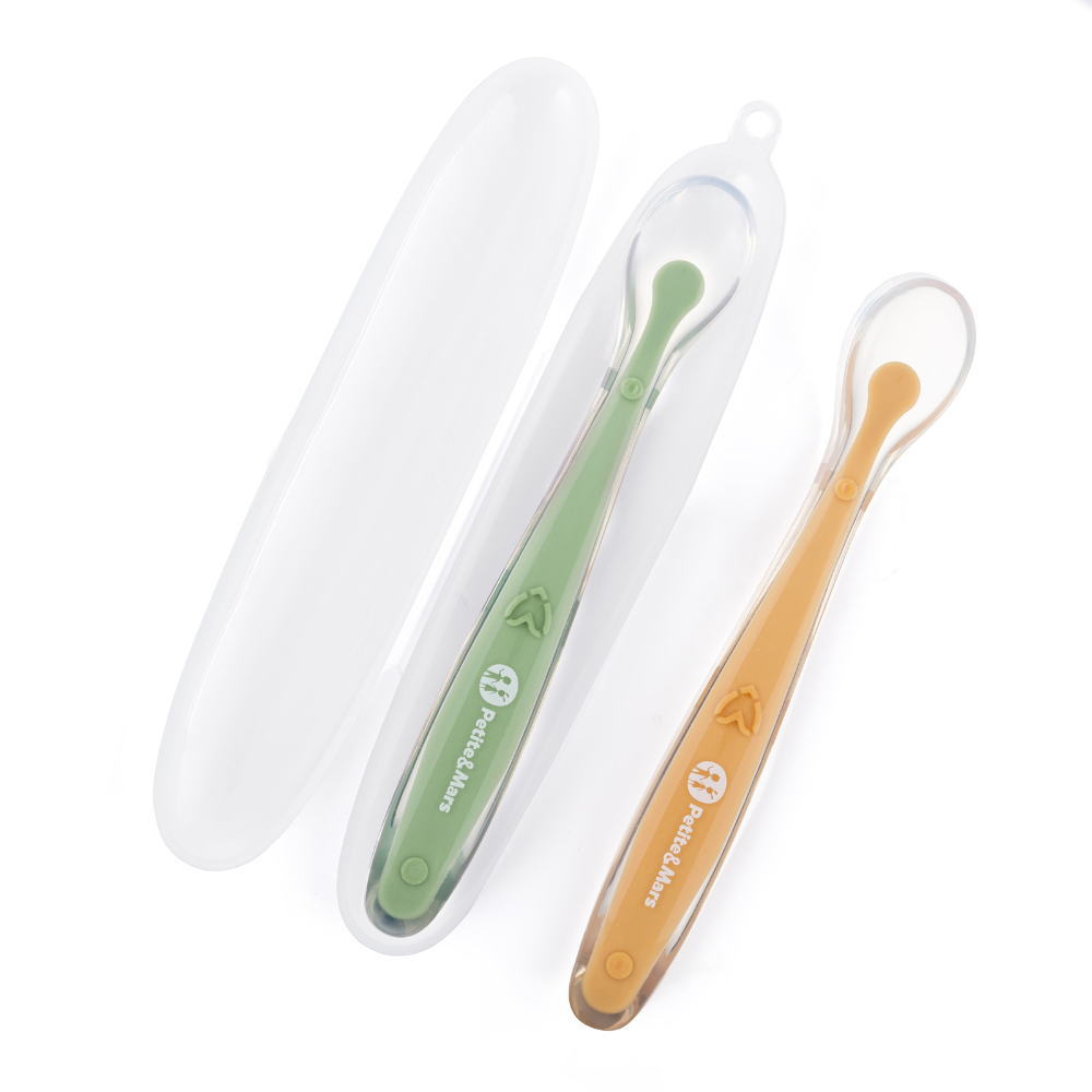 PETITE&MARS Silikónové lyžičky s puzdrom, sada 2 ks, Take&Match Pea - Ochre 6m+