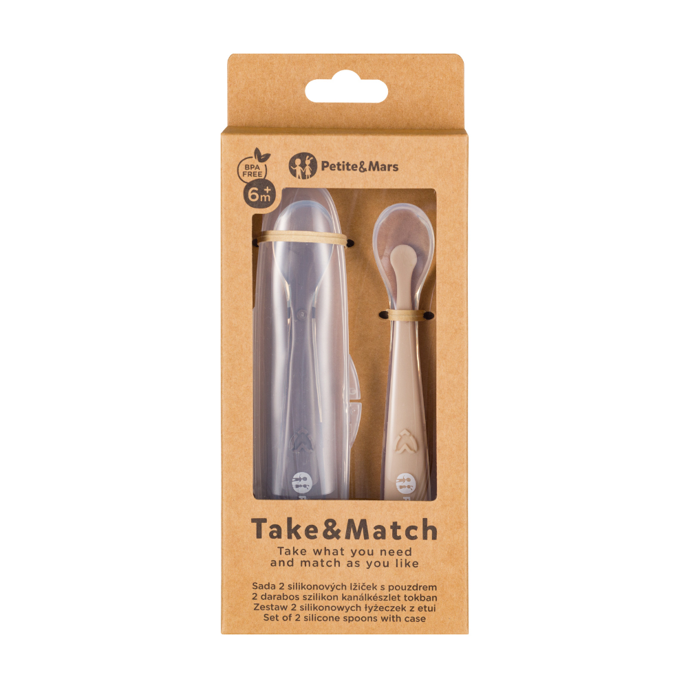 PETITE&MARS Silikónové lyžičky s puzdrom, sada 2 ks, Take&Match Sand - Cocoa 6m+