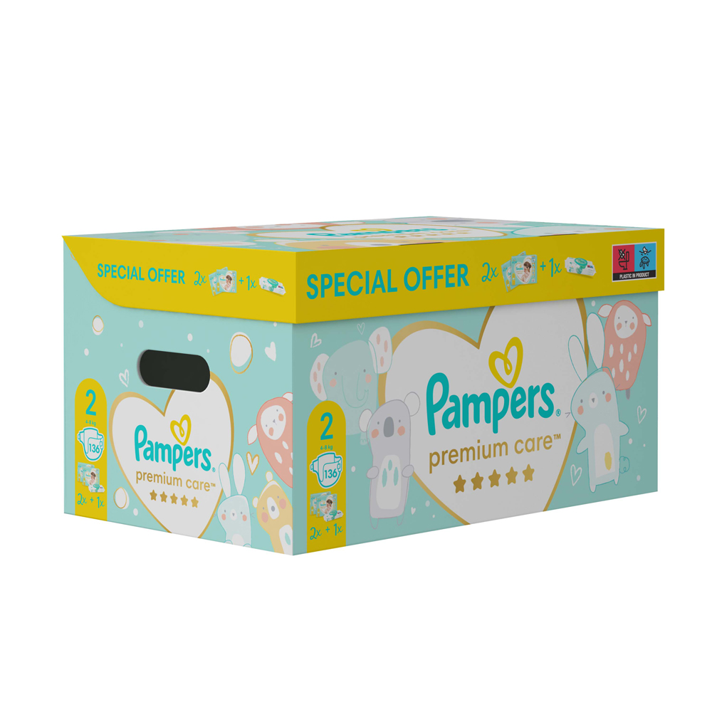 PAMPERS Balenie darčekové - Jednorázové plienky Premium Care 2 (4-8 kg), 136 ks + obrúsky ZDARMA