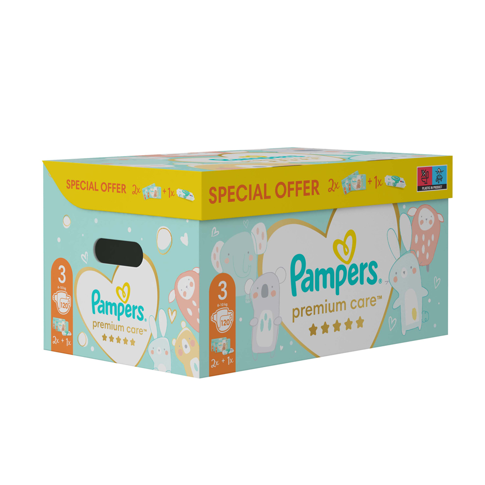 PAMPERS Balenie darčekové - Jednorázové plienky Premium Care 3 (6-10 kg), 120 ks + obrúsky ZDARMA