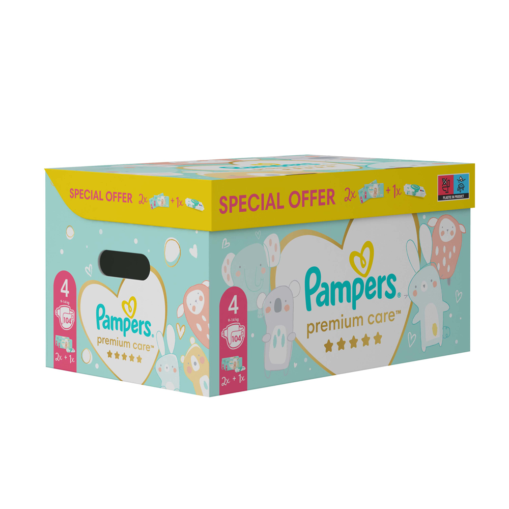 PAMPERS Balenie darčekové - Jednorázové plienky Premium Care 4 (9-14 kg), 104 ks + obrúsky ZDARMA