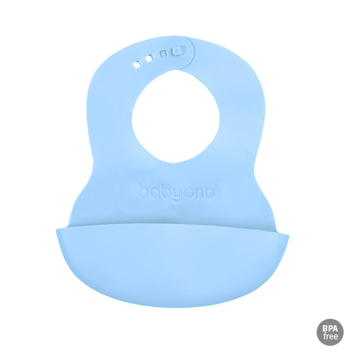 BABYONO Podbradník mäkký plastový s vreckom bez BPA blue 6m+