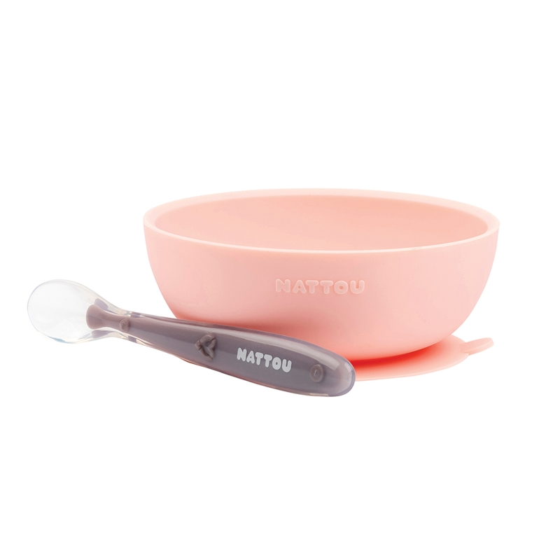NATTOU Set jídelní silikonový 2 ks miska a lžička růžový bez BPA