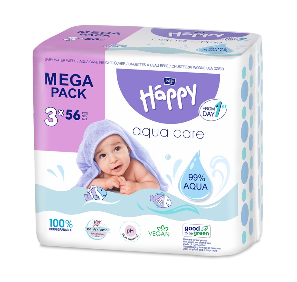 3x BELLA HAPPY BABY Obrúsky vlhčené mega pack Aqua care 56 ks