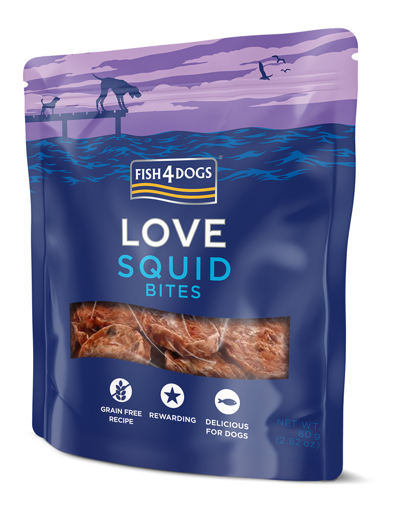 FISH4DOGS Maškrty pre psov LOVE kalmáre 80 g