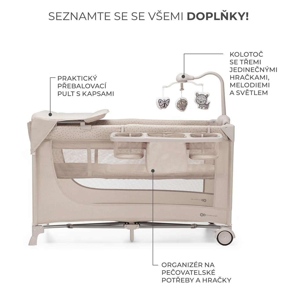 KINDERKRAFT Postieľka cestovná Joy 2 s doplňky Beige