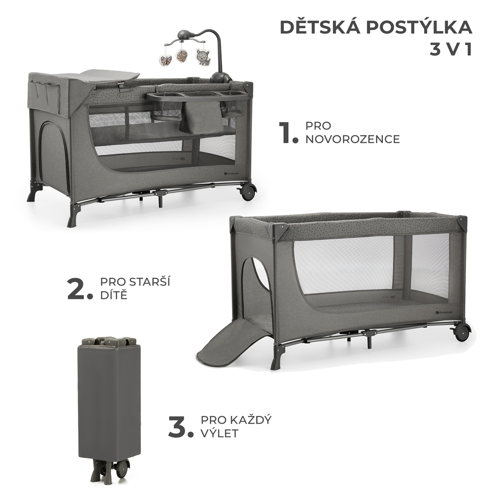 KINDERKRAFT Postieľka cestovná Joy 2 s doplnkami Dark grey