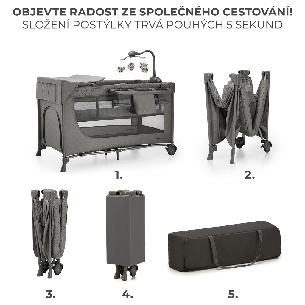 KINDERKRAFT Postieľka cestovná Joy 2 s doplnkami Dark grey