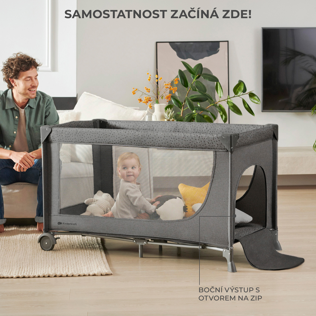 KINDERKRAFT Postieľka cestovná Joy 2 s doplnkami Dark grey