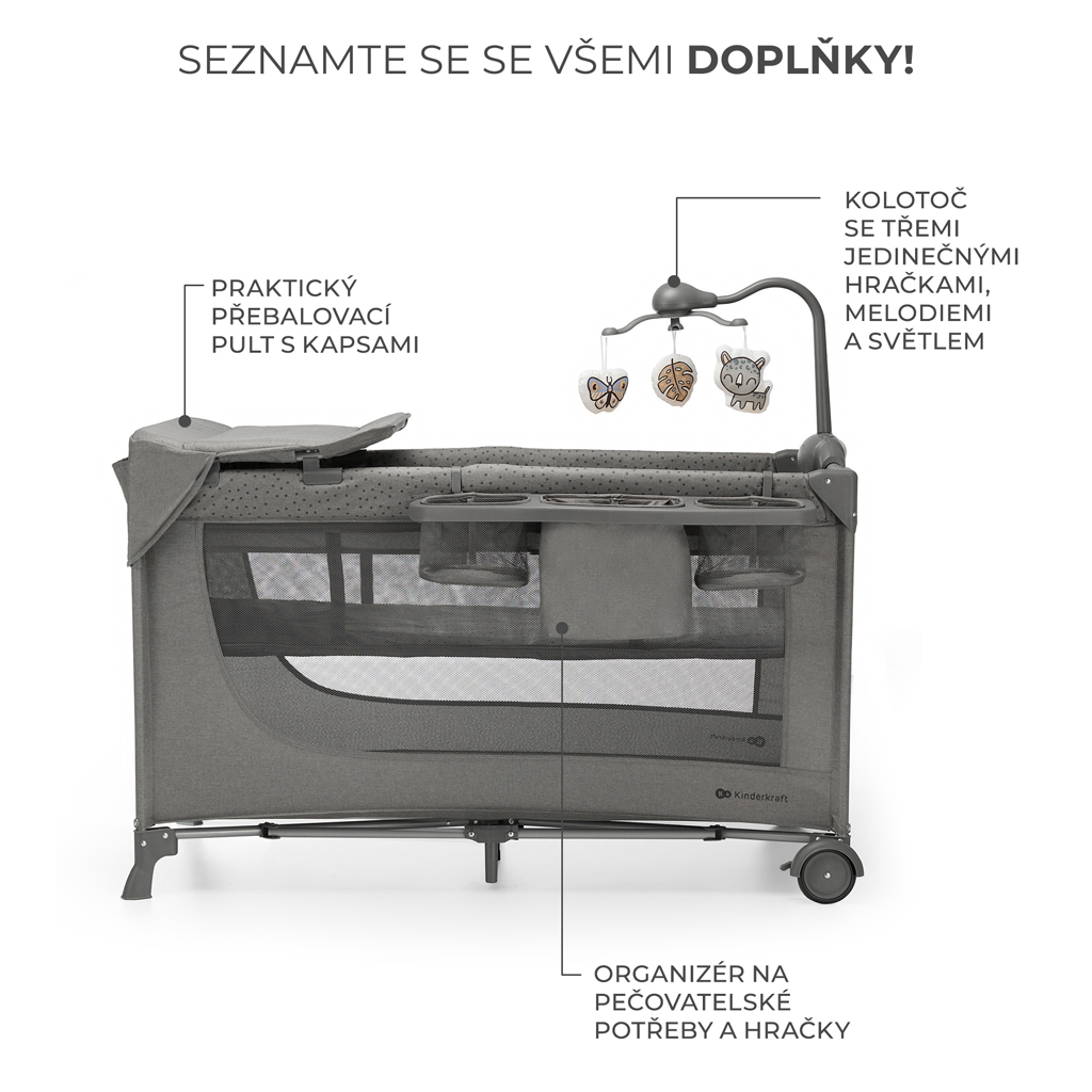 KINDERKRAFT Postieľka cestovná Joy 2 s doplnkami Dark grey