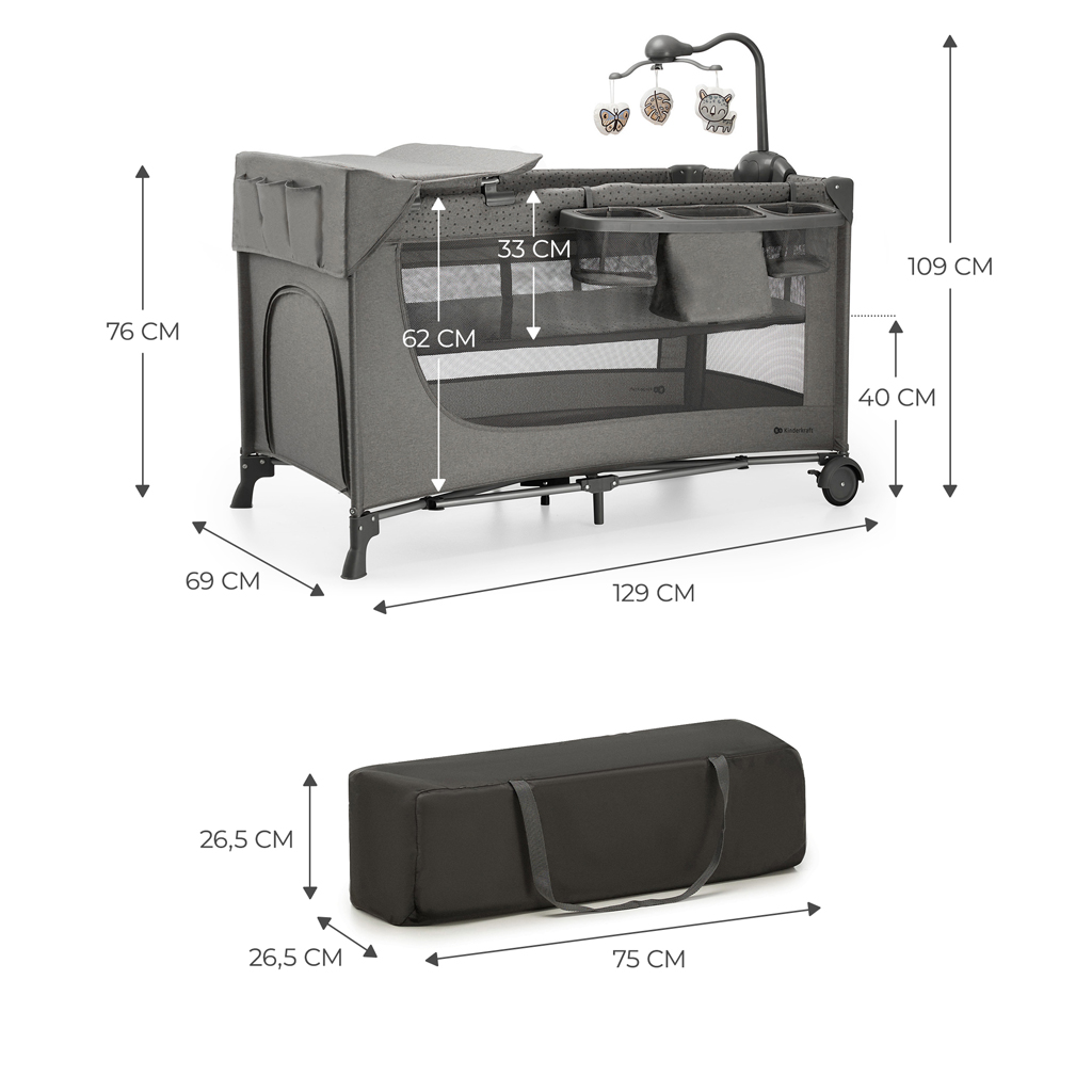 KINDERKRAFT Postieľka cestovná Joy 2 s doplnkami Dark grey