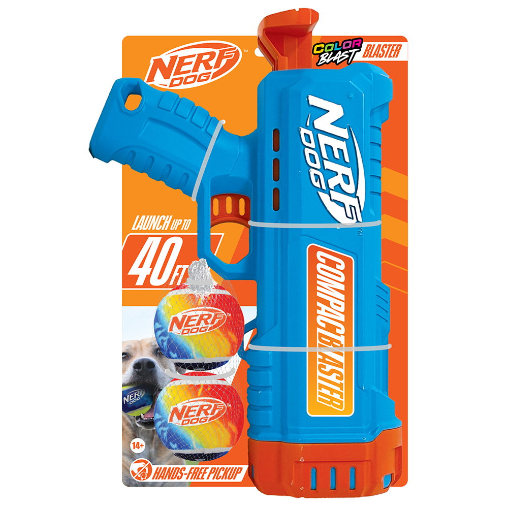 NERF DOG Dárková sada – 30 cm kompaktní blaster a 2 ks tenisových míčků bez pískadla