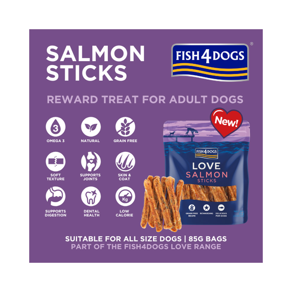 FISH4DOGS Maškrty pre psov LOVE s lososom - tyčinky 85 g