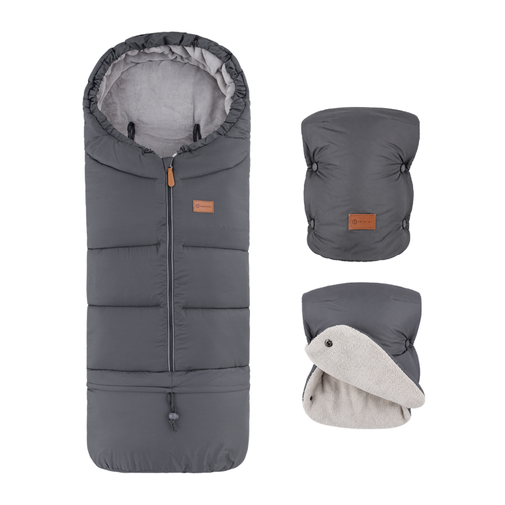 PETITE&MARS Set zimný fusak Jibot 3v1 + rukavice na kočík Jasie Charcoal Grey