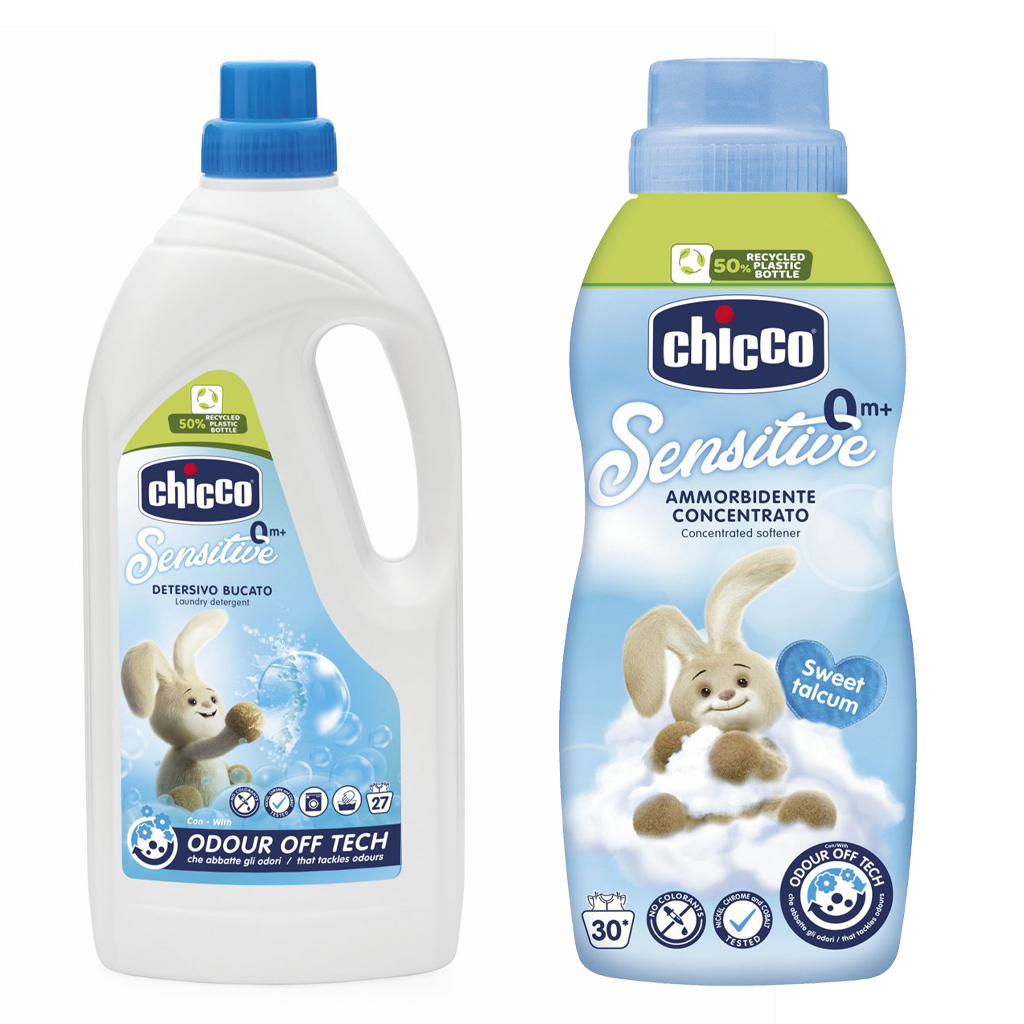 CHICCO Prací gél Baby Sensitive 1,5 l + Aviváž Baby Sensitive koncentrovaná Sladký púder 750 ml