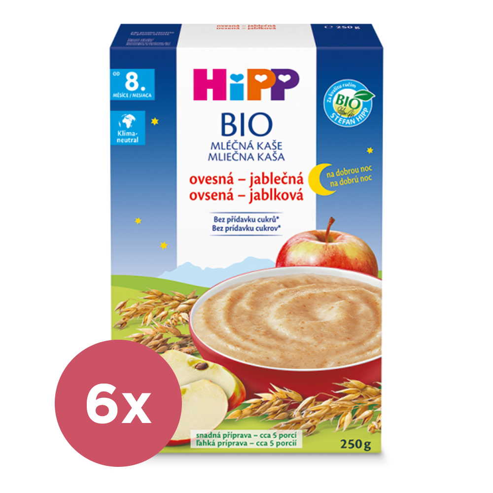 6x HiPP BIO Kaša mliečna na dobrú noc ovsená – jablková od 8. mesiaca, 250 g