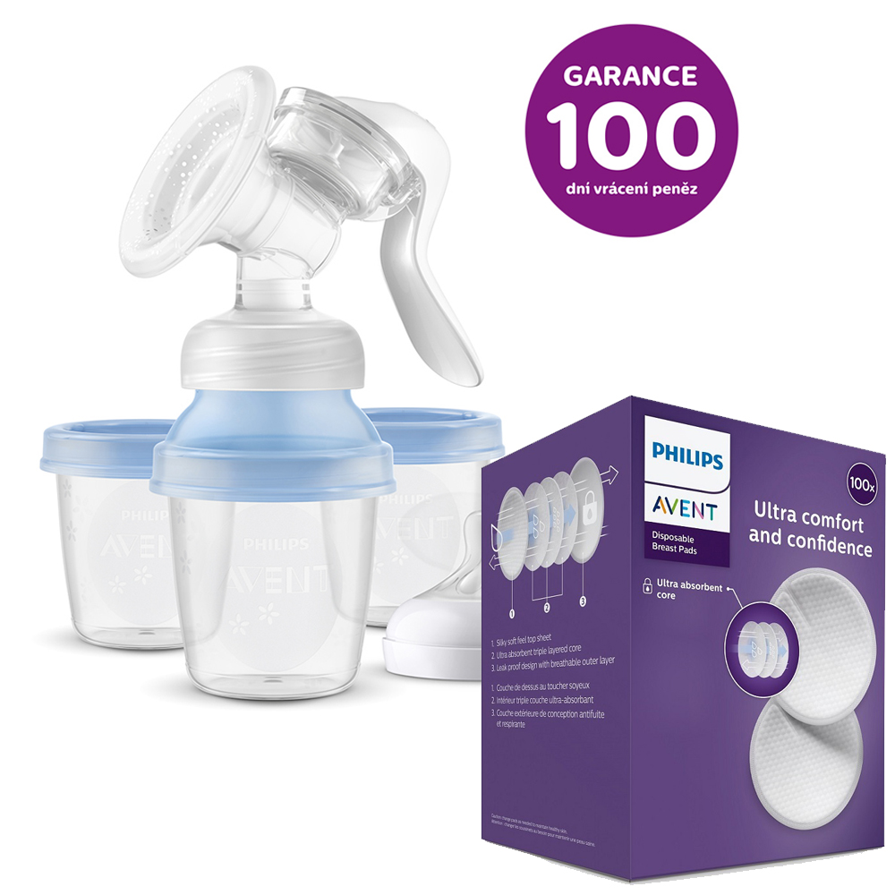 Philips AVENT Odsávačka mateř. mléka manuální s VIA systémem + Prsní vložky jednorázové 100 ks