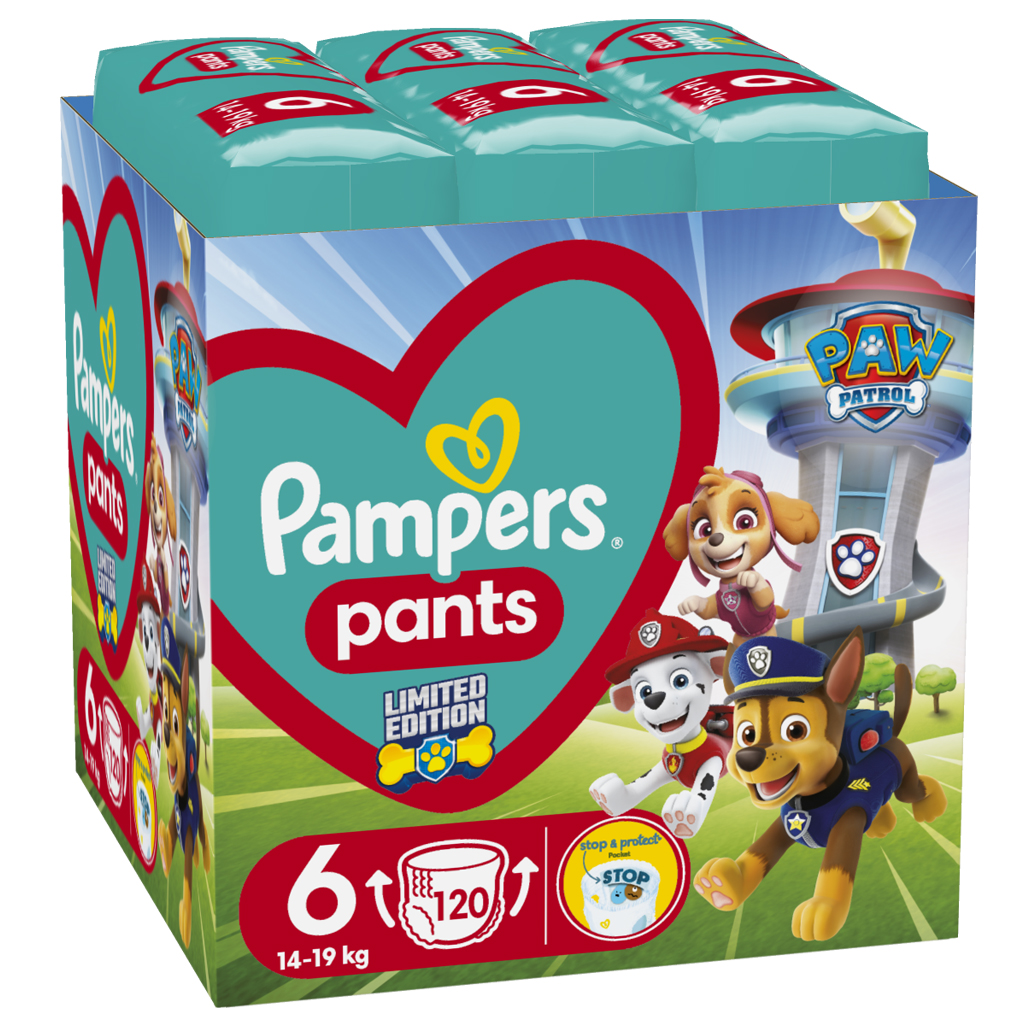 PAMPERS Pleny kalhotkové Active Baby Pants Paw Patrol vel. 6 (14-19 kg) 120 ks