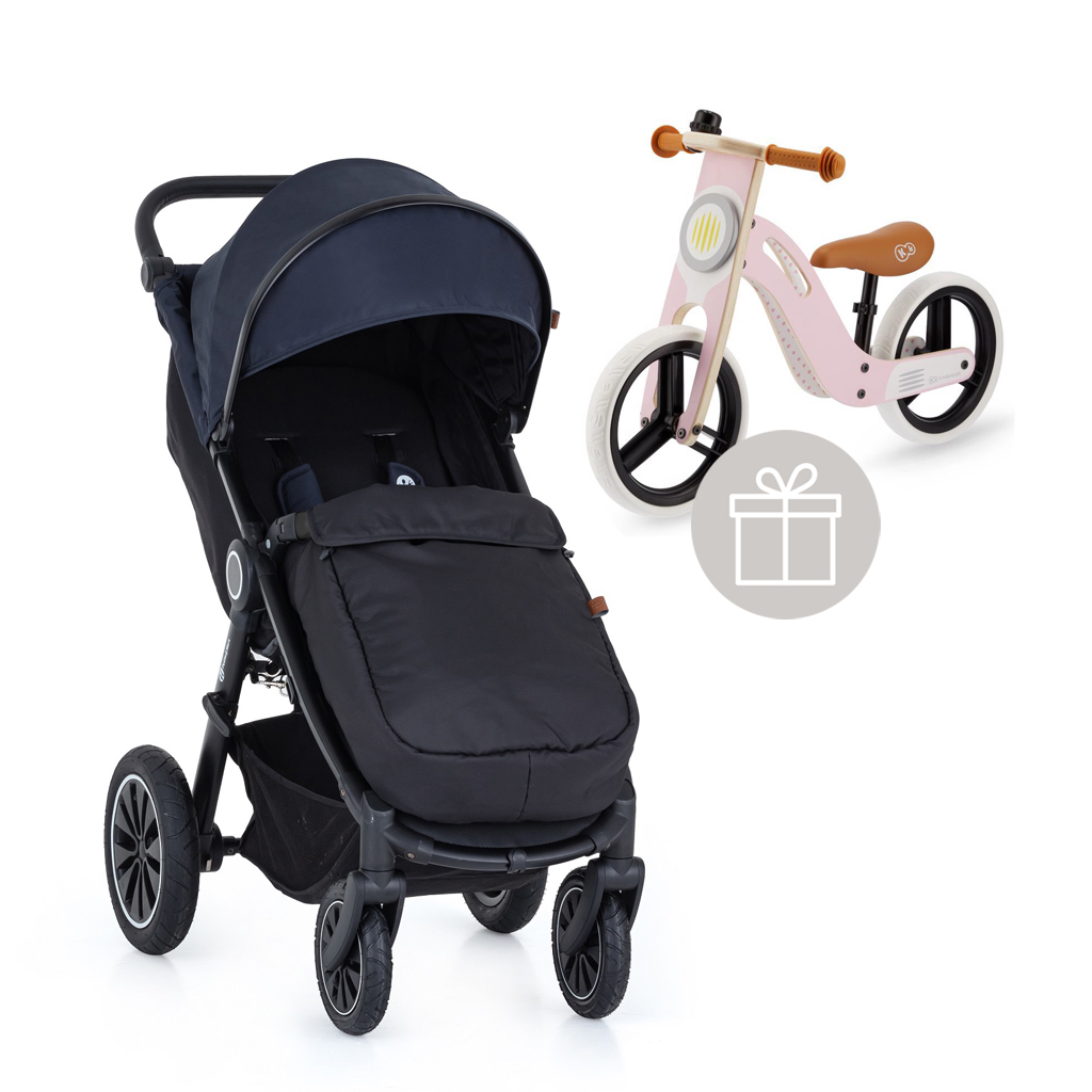 PETITE&MARS Kočárek sportovní Street+ Air Black Anthracite Blue + nánožník + odrážedlo Uniq Pink