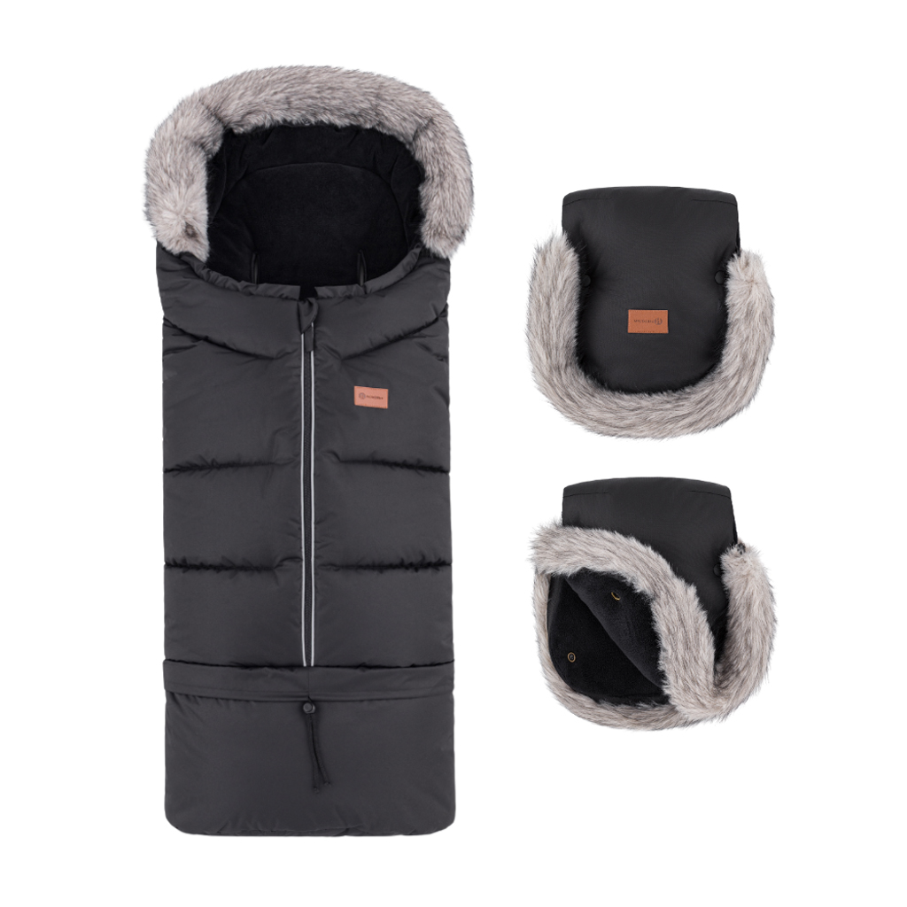 PETITE&MARS Set zimný fusak Arctic 4v1 + rukavice na kočík Furry Forever Black
