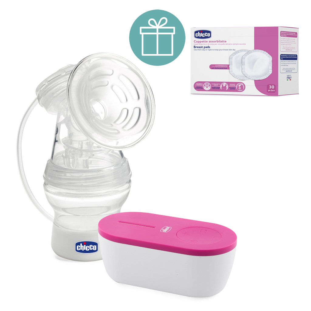 CHICCO Odsávačka materského mlieka elektrická Travel Pink USB + CHICCO Vložky do podprsenky 30ks