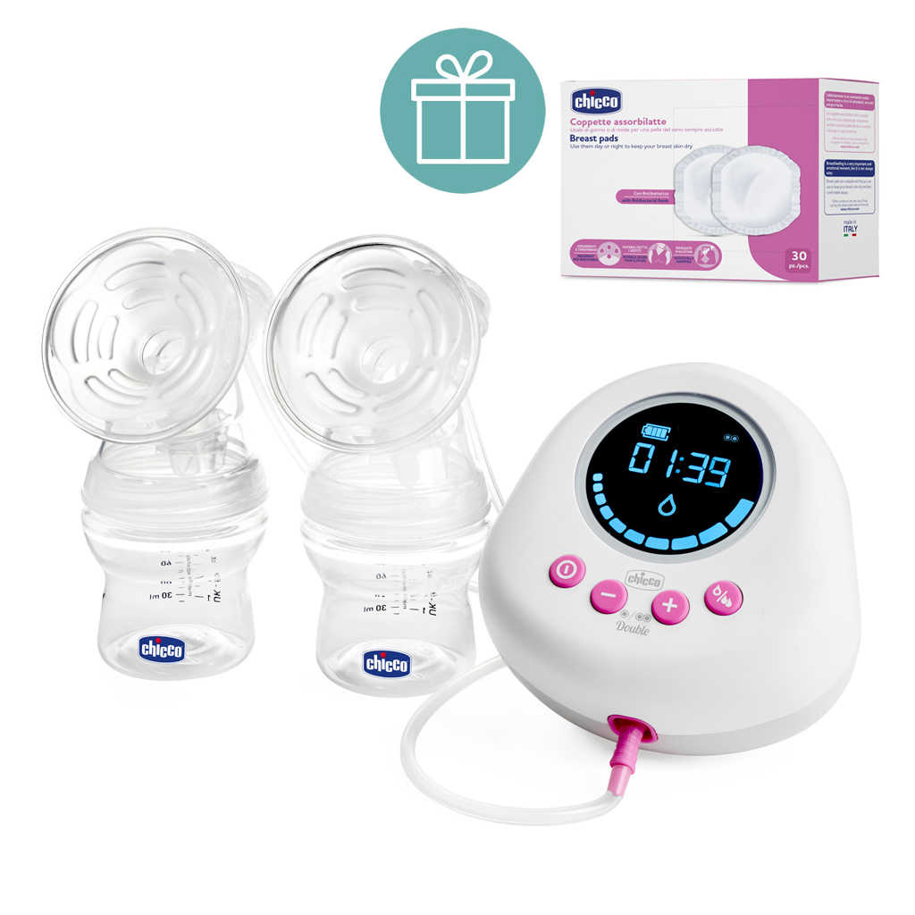 CHICCO Odsávačka materského mlieka duo elektrická Double pink + CHICCO Vložky do podprsenky 30ks