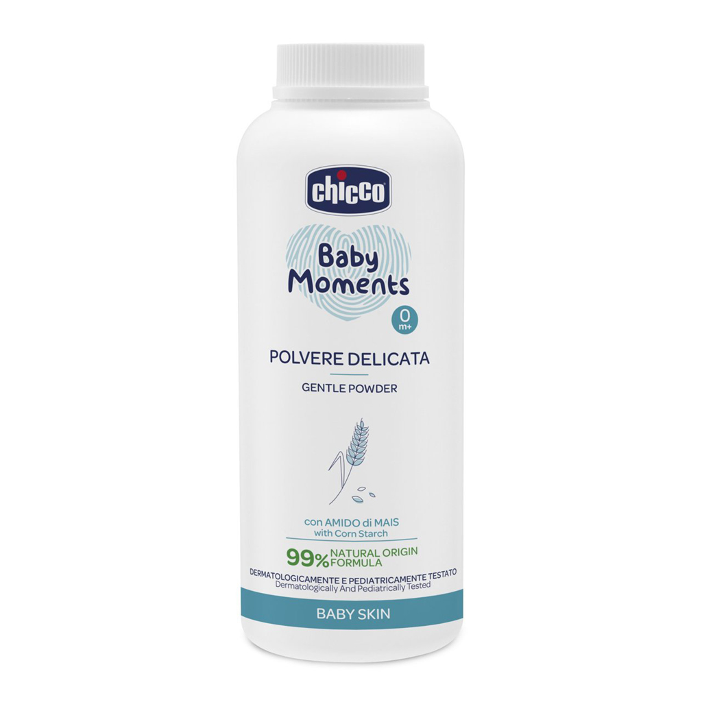 CHICCO Baby Moments dětský pudr s kaolinem a kukuřičným škrobem 99 % přírodních ingrediencí, 130 g