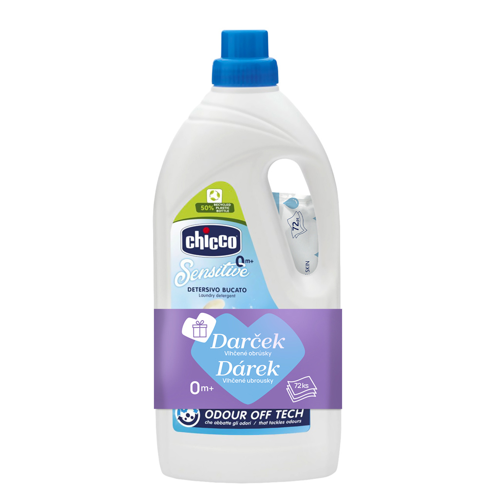 CHICCO Prací gel Baby Sensitive 1,5 l (27 praní) + vlhčené ubrousky 72 ks zdarma