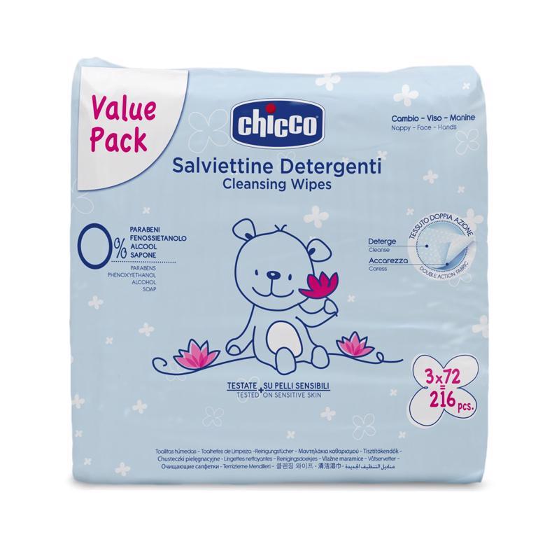 CHICCO Detské vlhčené utierky čistiace sensitive s lotosovou vodou, 0% alkoholu, multipack 3x72 ks