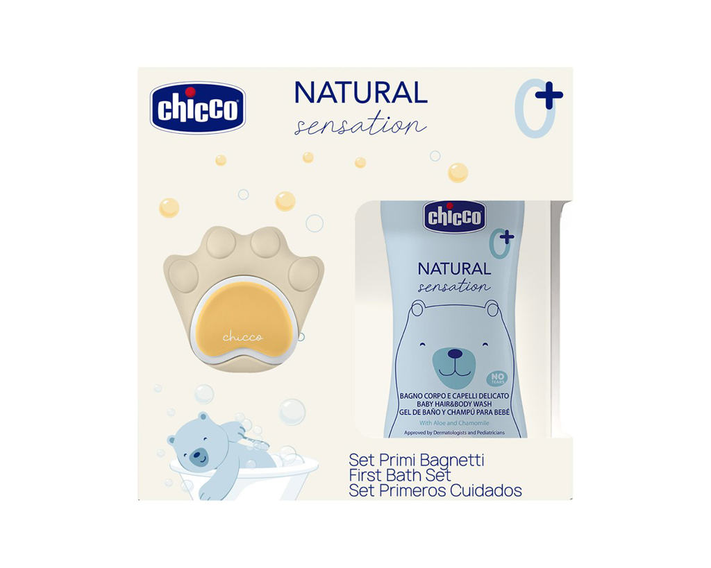 CHICCO Dárková sada kosmetiky Natural Sensation + silikonová mycí houbička tlapka