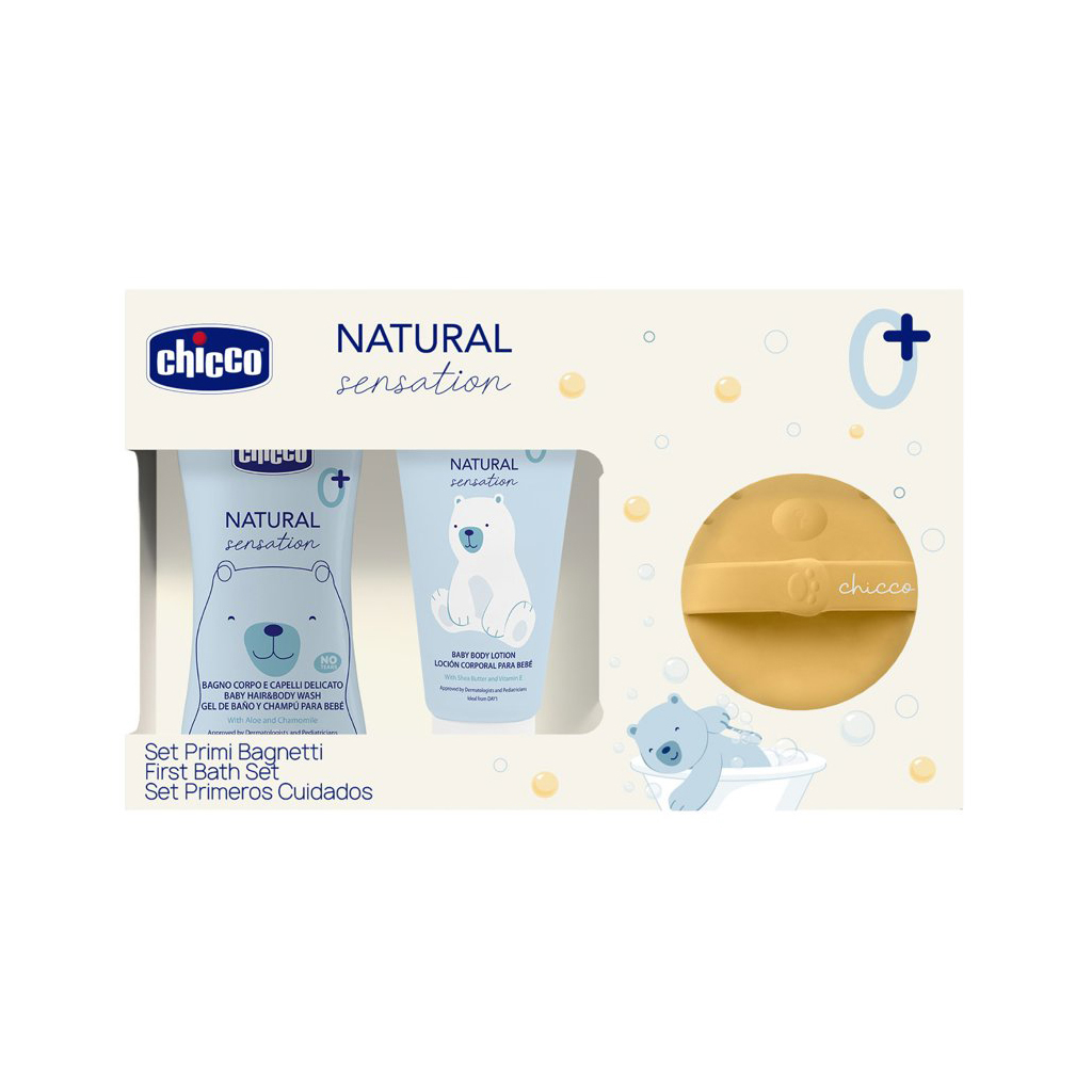 CHICCO Dárková sada kosmetiky Natural Sensation + silikonová mycí houbička méďa