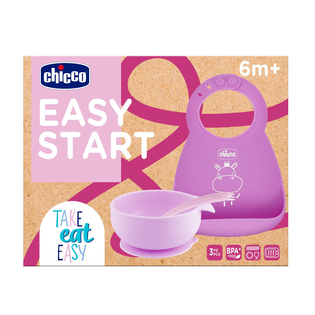 CHICCO Set jedálenský silikónový - pink, 6m+