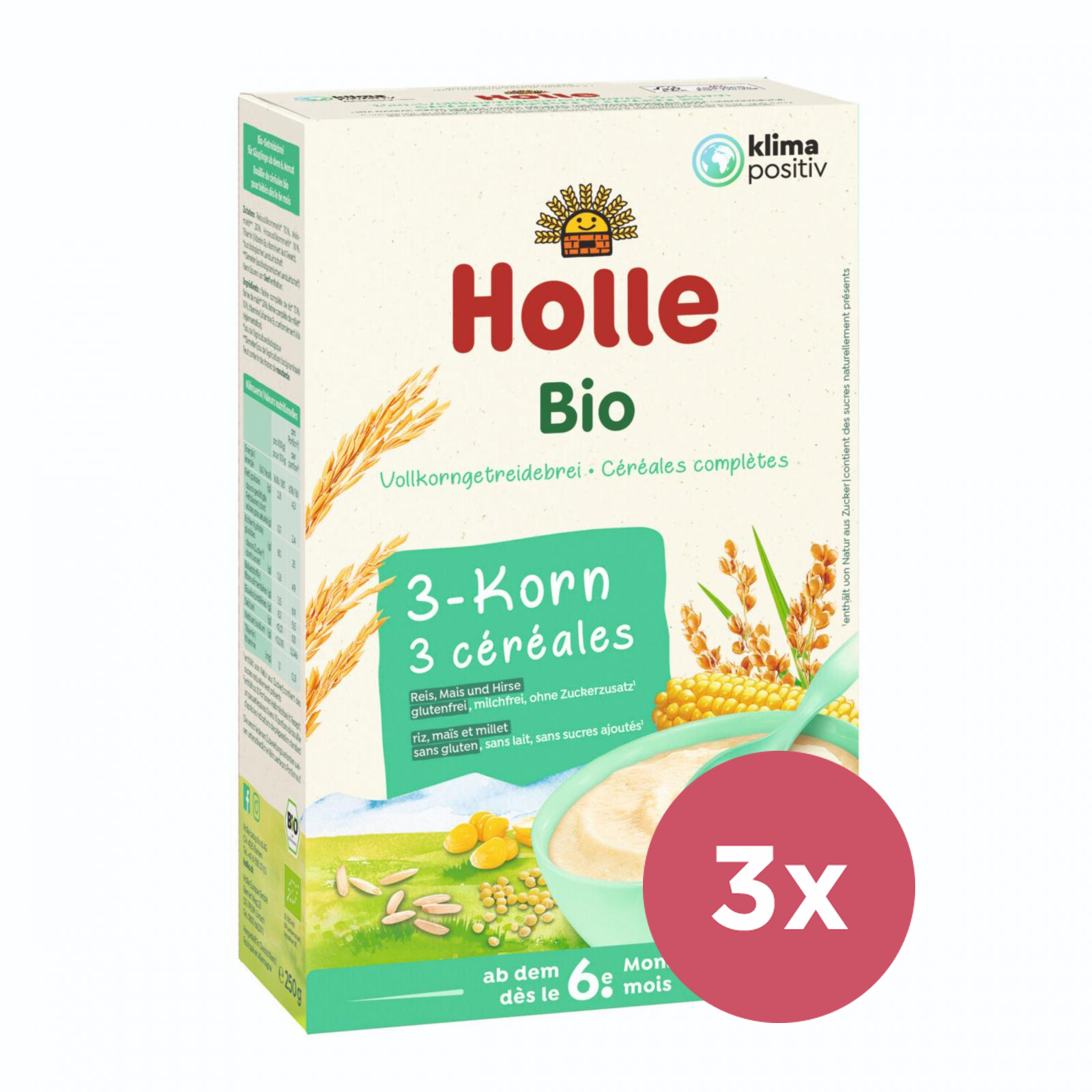 Obrázok Holle BIO 3 druhy zrná, bezmliečna kaša 3x250g
					
				