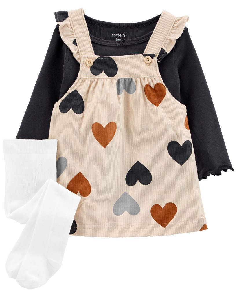 CARTER'S Set 3dielny tričko dl. rukáv, šaty na traky, pančuchy Hearts dievča NB /veľ.56