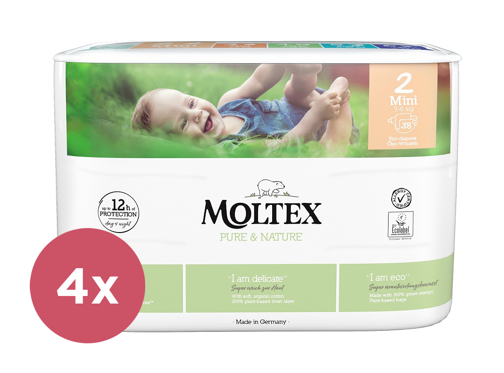 MOLTEX Pure&Nature Plienky jednorázové Mini 3-6 kg, ekonomické balenie (4x 38 ks)