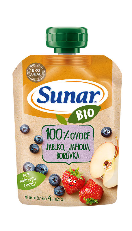 SUNAR BIO ovocná kapsička jablko, jahoda, čučoriedka 4m+, 100 g