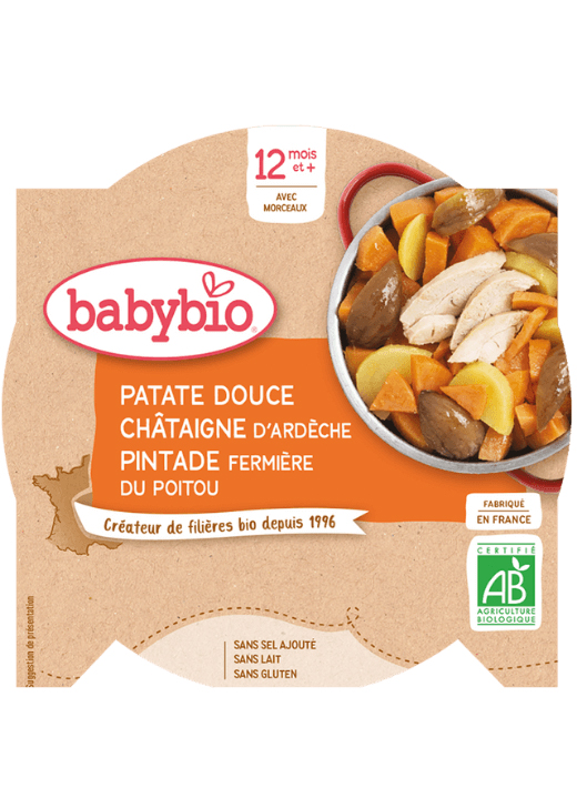 BABYBIO Sladké zemiaky s gaštanovým pyré a farmárskou perličkou (230 g) - mäsovo-zeleninový príkrm