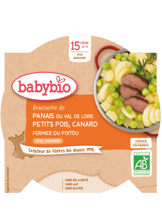 BABYBIO Paštrnák s hráškom a farmárskou kačicou (260 g) - mäsovo-zeleninový príkrm