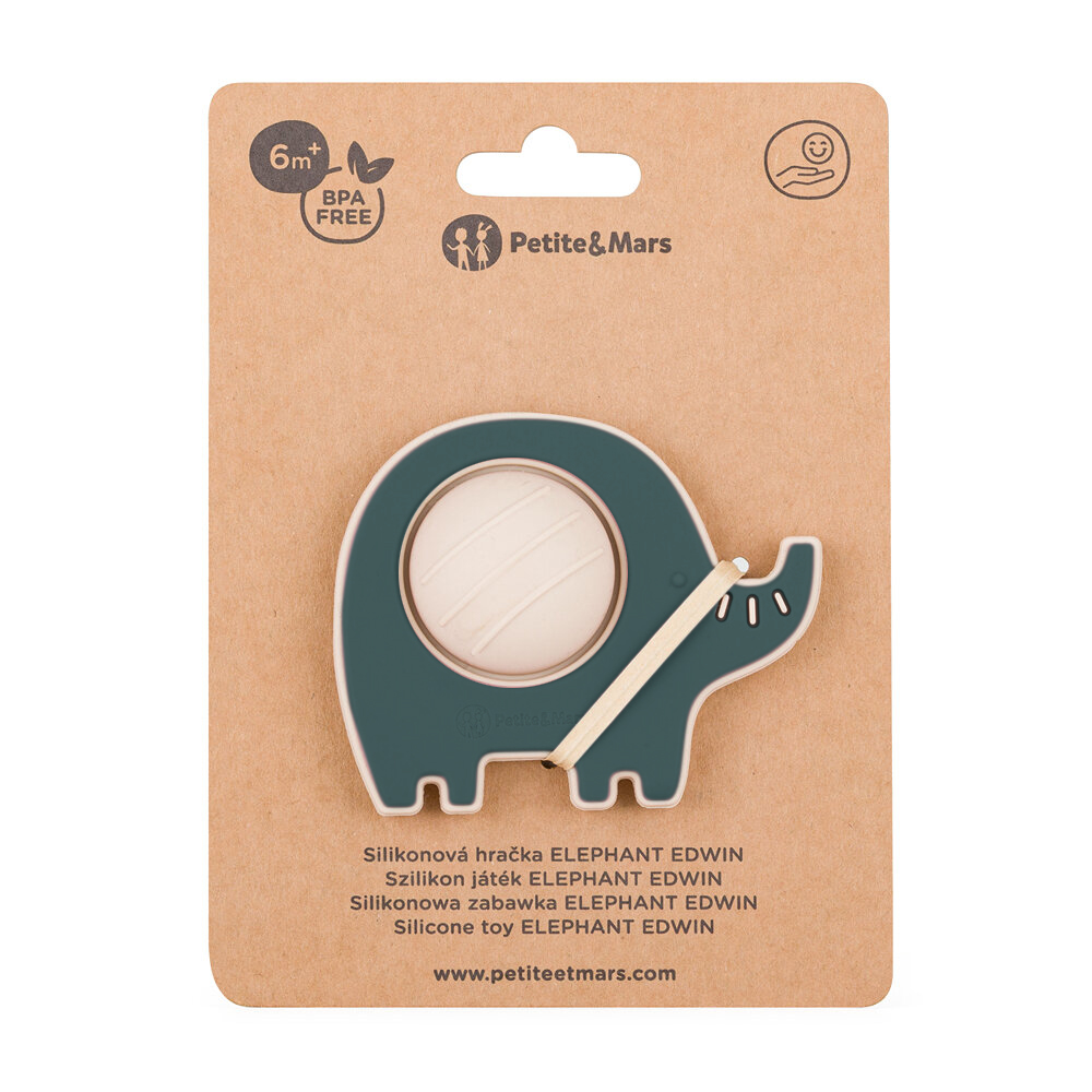 PETITE&MARS Hračka silikonová Elephant Edwin Misty Green 6m+