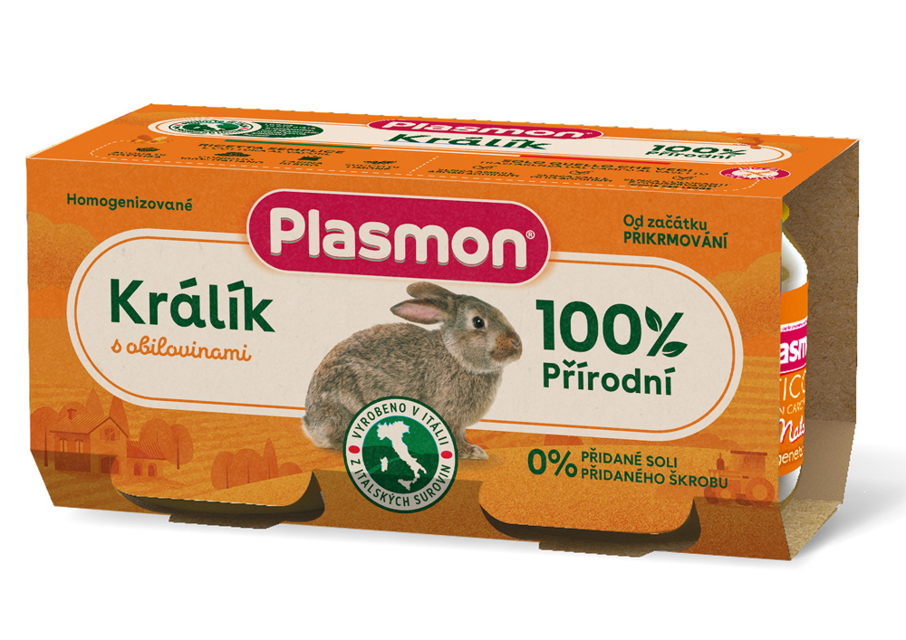 PLASMON Príkrm bezlepkový mäsový s obilninou králičí bez škrobu a soli, 30% mäsa, 2x80g, 4m+