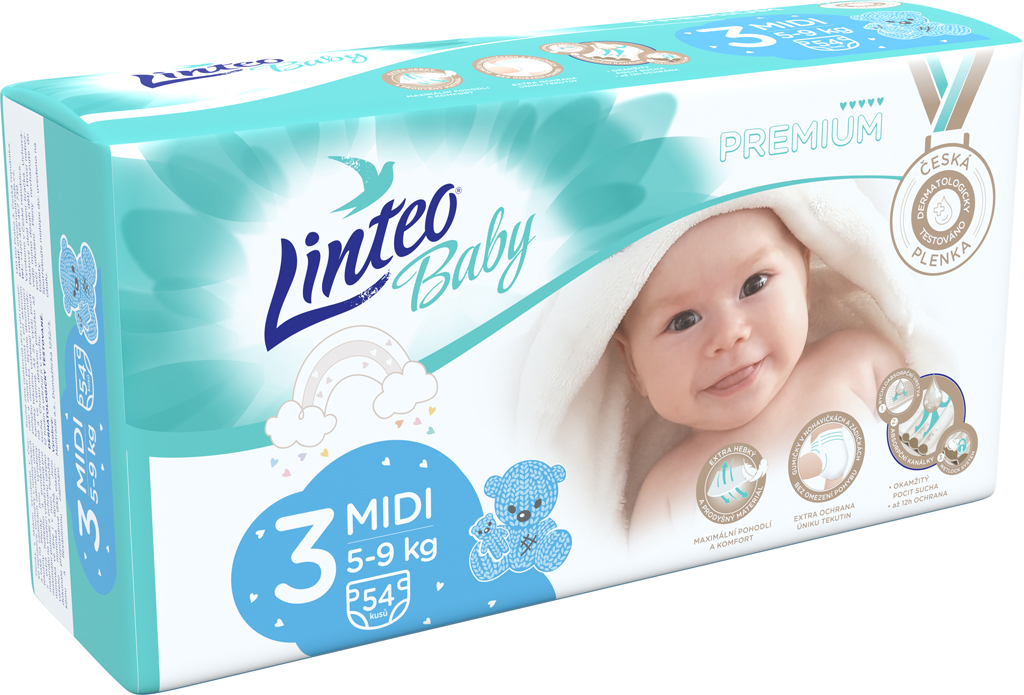 LINTEO BABY Premium Plienky jednorazové 3 MIDI (5-9 kg) 54 ks