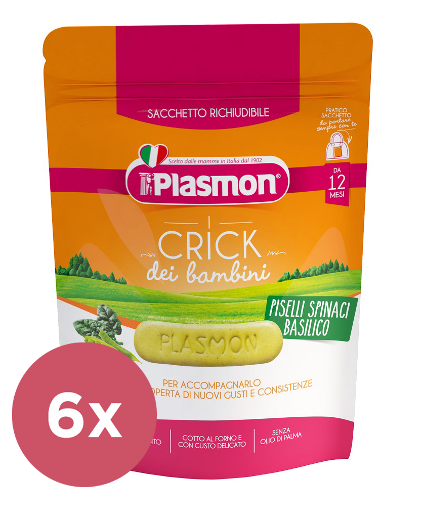 6x PLASMON Sušienky zeleninové Crick špenát, hrášok a bazalka 100 g, 12m+